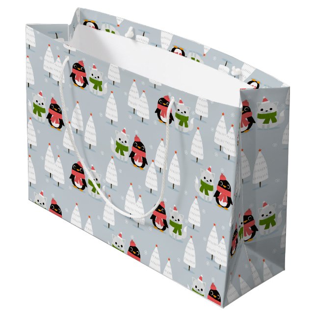 Grand Sac Cadeau Arbres de Noël, pingouins et chats (Dos Angle)