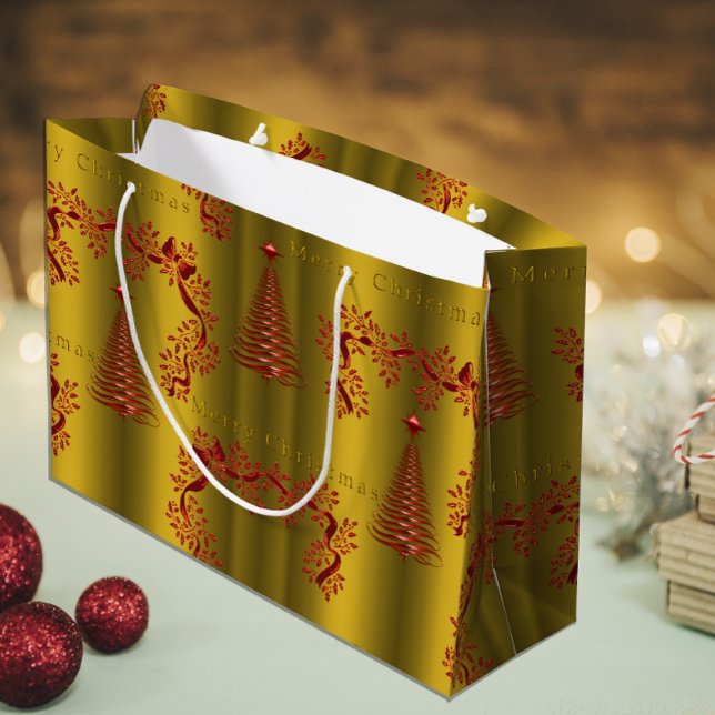 Grand Sac Cadeau Arbres de Noël rouges modernes en or (Créateur téléchargé)