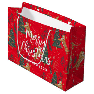 Grand Sac Cadeau Arbres de Noël & tigres motif Rouge arrière - plan