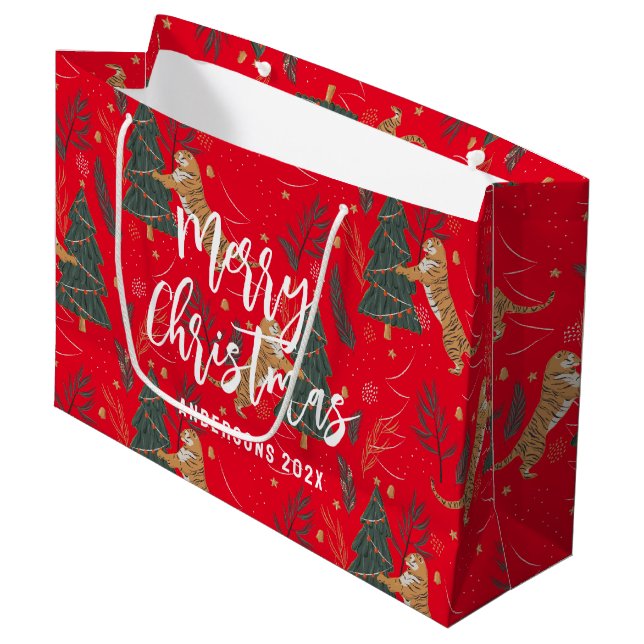 Grand Sac Cadeau Arbres de Noël & tigres motif Rouge arrière - plan (Devant Angle)