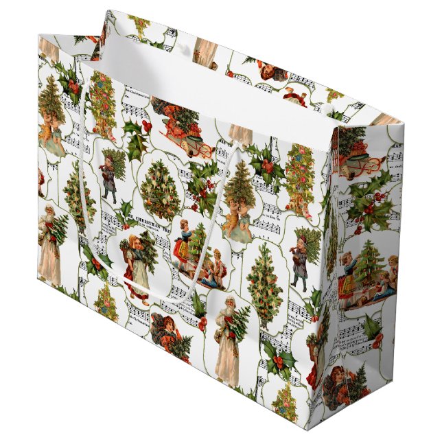 Grand Sac Cadeau Arbres de Noël victoriens, Holly & Music (Devant Angle)