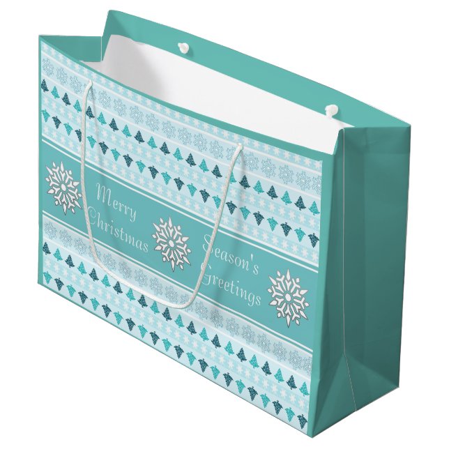 Grand Sac Cadeau Arbres d'hiver et Snowflakes Motif Bleu (Devant Angle)