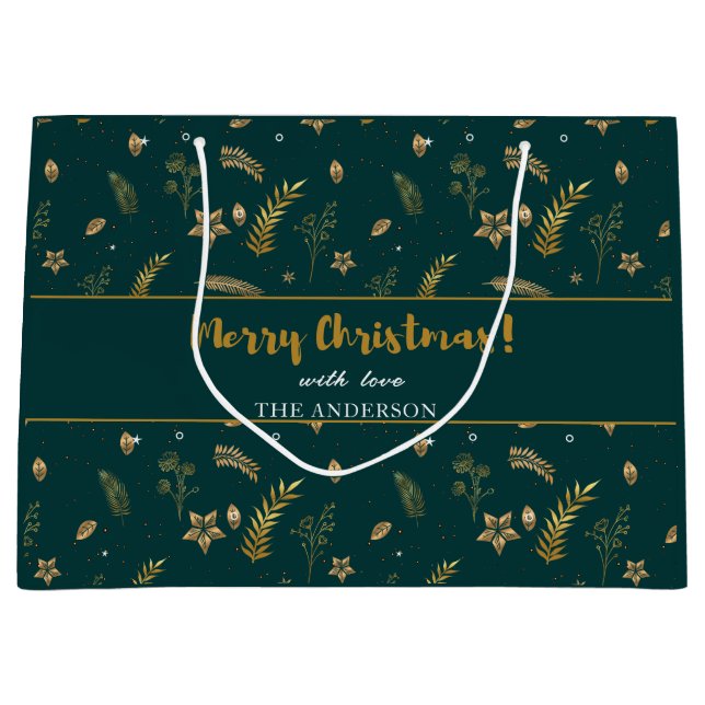 Grand Sac Cadeau Arc d'or Vert Noël Élégant Moderne (Devant)