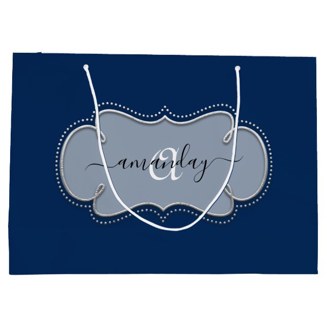 Grand Sac Cadeau Argent gris encadré Monogramme royal Nom Blue Navy (Dos)