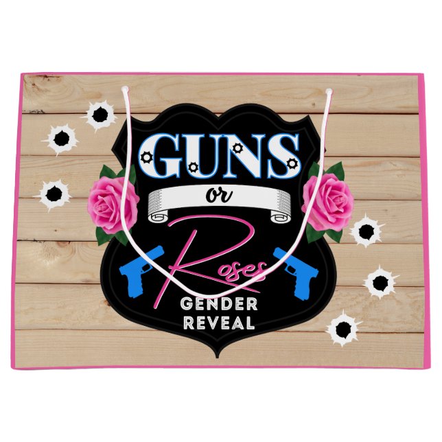 Grand Sac Cadeau Armes ou Roses rose/bleu Baby shower de révélation (Devant)