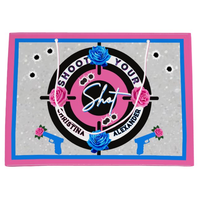 Grand Sac Cadeau Armes ou Roses rose et bleu | Révélation de genre (Devant)