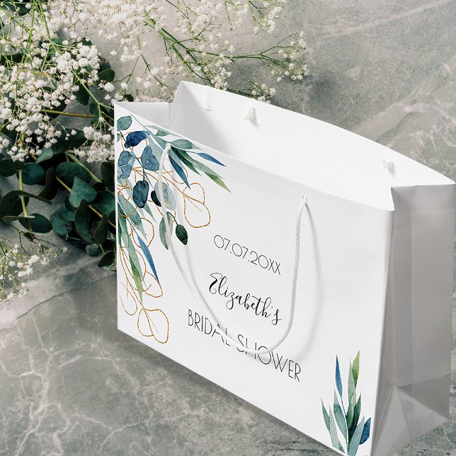 Grand Sac Cadeau Arrosage de mariage nom or verdure d'eucalyptus (Créateur téléchargé)