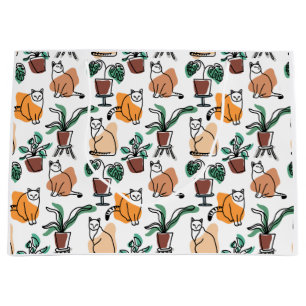 Grand Sac Cadeau Art de trait dessin chats et fleurs