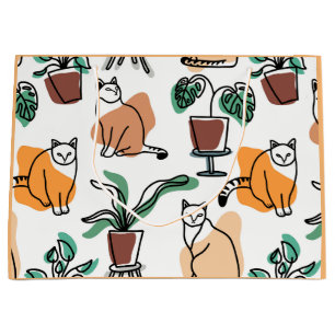 Grand Sac Cadeau Art de trait dessin chats et fleurs