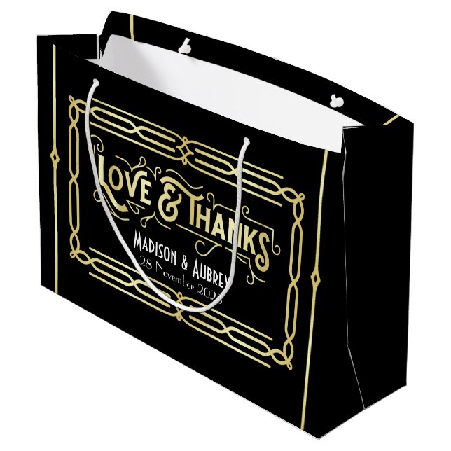 Grand Sac Cadeau Art Déco Mariage Amour & Merci Gold Black Faveur (Dos Angle)