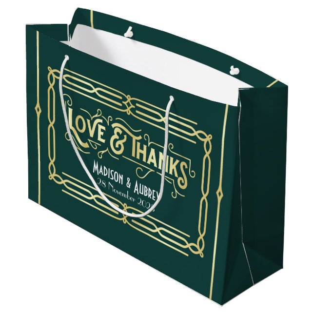Grand Sac Cadeau Art Déco Mariage Amour & Merci Gold Green Favorise (Dos Angle)