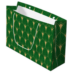 Grand Sac Cadeau Art Déco Or Motif sans coutures et vert