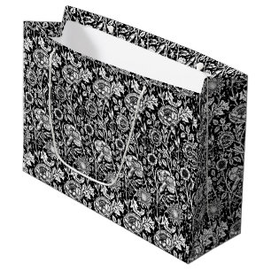 Grand Sac Cadeau Art nouveau Carnation Damask, noir et blanc