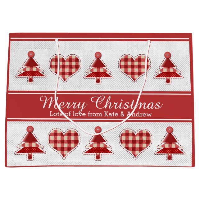 Grand Sac Cadeau Artisanat Arbres de Noël et Coeurs Personnalisés (Devant)