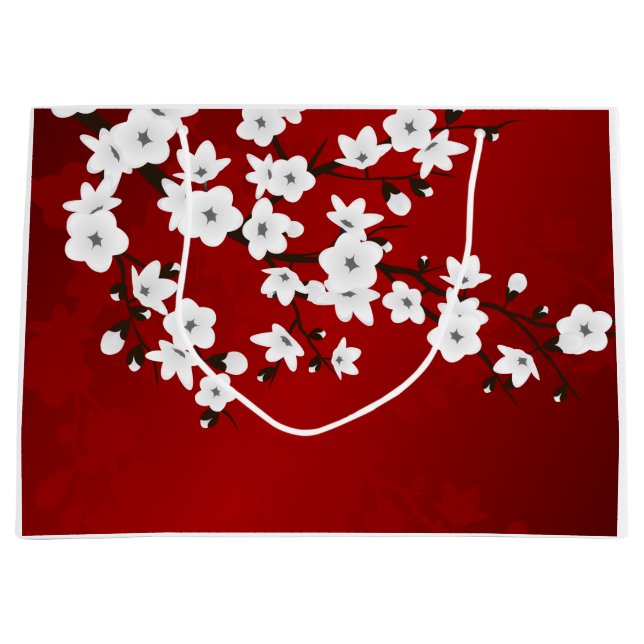 Grand Sac Cadeau Asie Floral blanc cerisier rouge (Devant)