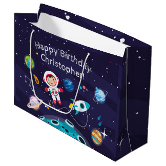 Grand Sac Cadeau   Astronaut child on the moon, monogrammed name