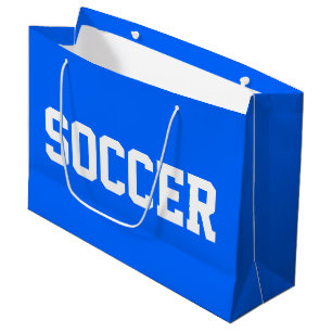 Grand Sac Cadeau Athletic 70s Texte SOCCER Blanc Sur Fond Bleu Clai