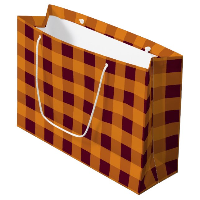 Grand Sac Cadeau Automne Automne Orange Burgundy Plaid Motif (Devant Angle)