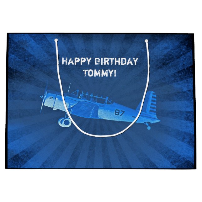 Grand Sac Cadeau Avion de chasse ancien CUSTOM Retro Blue (Devant)