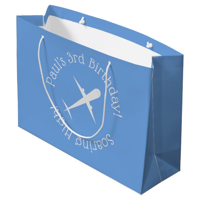 Grand Sac Cadeau Avion personnalisé en bleu, flambant haut (Dos Angle)