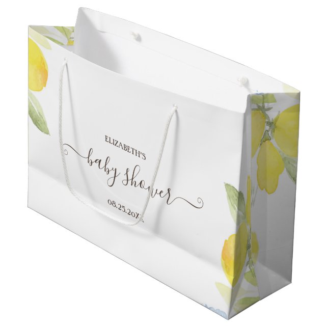 Grand Sac Cadeau Baby shower aux citrons aquarelles (Devant Angle)