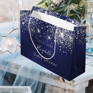 Grand Sac Cadeau Baby shower bleu marine parties scintillant blanch
