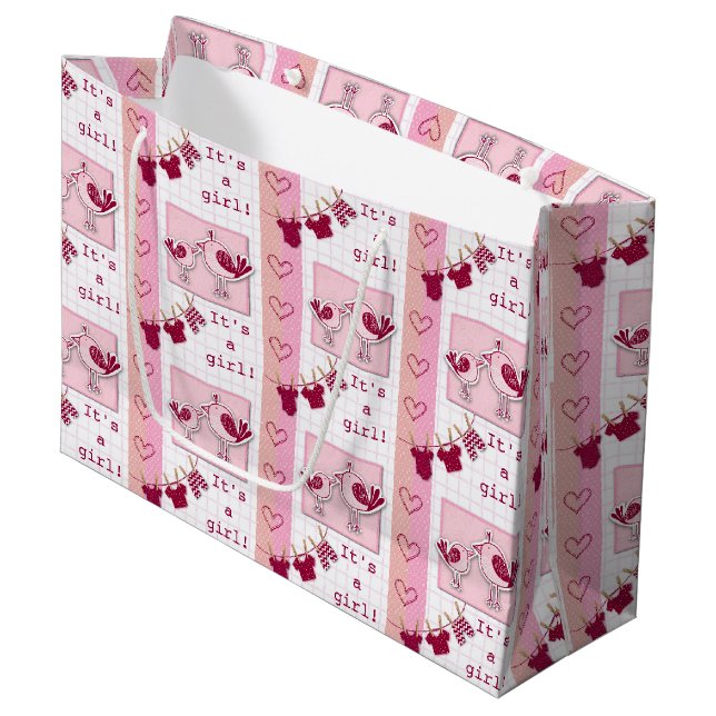 Grand Sac Cadeau Baby shower C’est une fille aux oiseaux roses (Devant Angle)