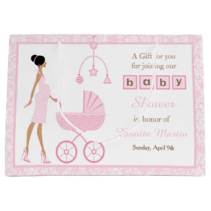 Grand Sac Cadeau Baby shower de femme afro-américaine rose Damask