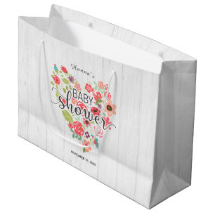 Grand Sac Cadeau Baby shower de fille au coeur rose et bois blanc