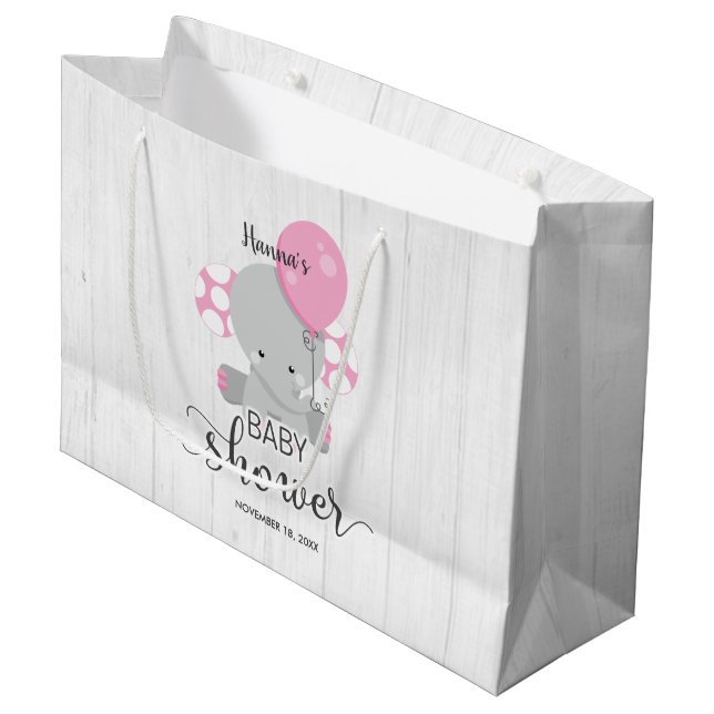 Grand Sac Cadeau Baby shower de fille éléphante rose et bois (Devant Angle)