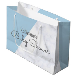 Grand Sac Cadeau Baby shower de marbre bleu et blanc en pastel