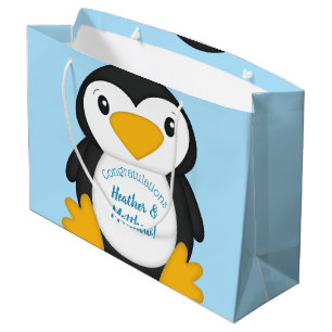 Grand Sac Cadeau Baby shower de pingouin bleu