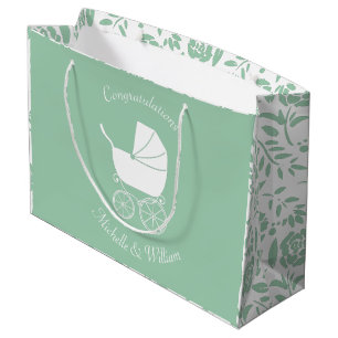 Grand Sac Cadeau Baby shower de transport vintage vert genre neutre