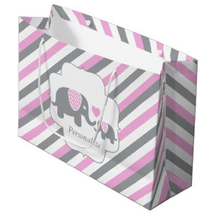 Grand Sac Cadeau Baby shower des éléphants blancs, roses et gris