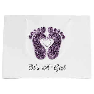 Grand Sac Cadeau Baby shower Feet It’s A Boy Girl Viole Heart White