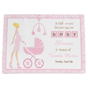 Grand Sac Cadeau Baby Shower Femme Blonde Damassé Rose
