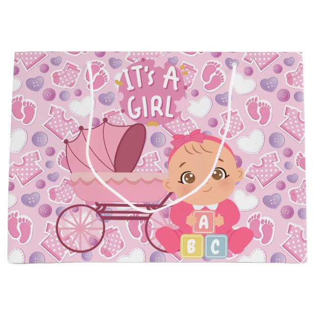 Grand Sac Cadeau Baby shower fille rose (Devant)
