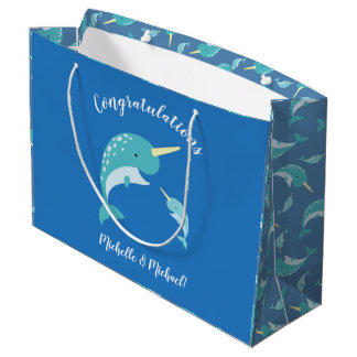Grand Sac Cadeau Baby shower Narwhal Blue Boy Whale