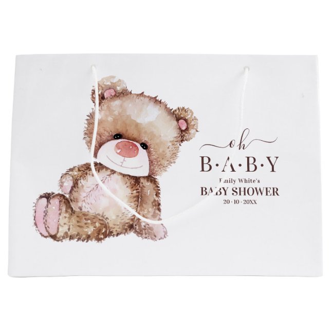 Grand Sac Cadeau Baby shower Ours Teddy, Baby shower Ours Rose Fill (Devant)