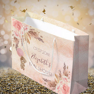 Grand Sac Cadeau Baby shower pampas herbe rose rose fleuri teddy