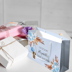 Grand Sac Cadeau Baby shower peluche fleurie pampas herbe bleu garç