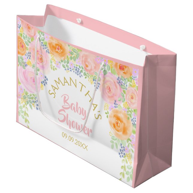 Grand Sac Cadeau Baby shower Rose Roses Aquarelle Floral Fancy (Devant Angle)