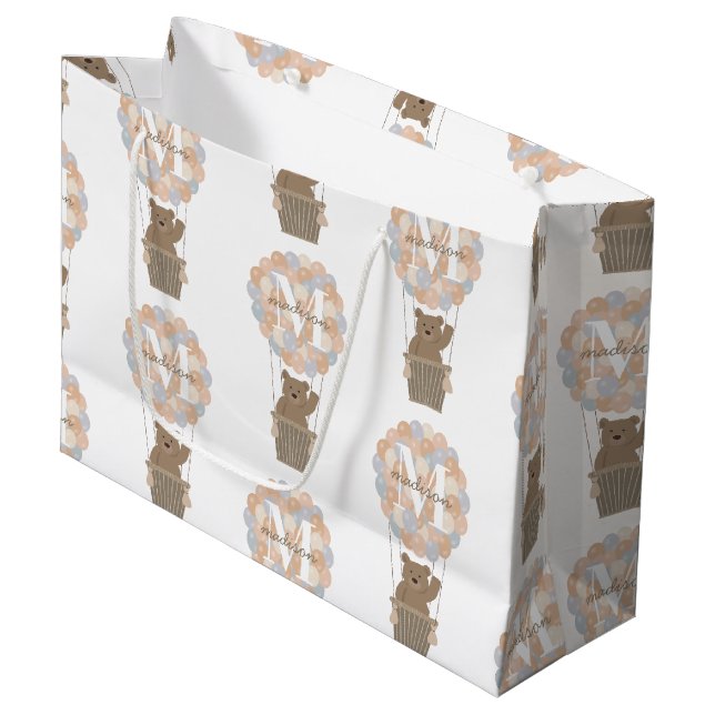 Grand Sac Cadeau Ballons à air chaud de l'ours mou Monogramme Neutr (Devant Angle)