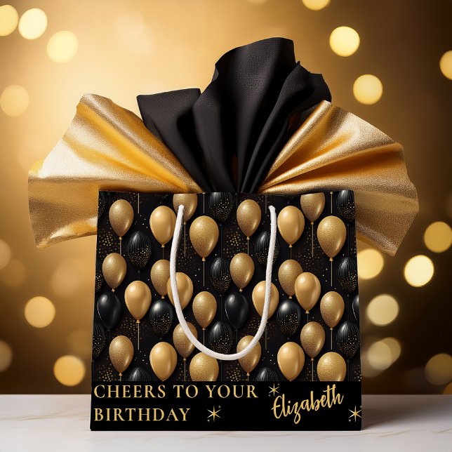 Grand Sac Cadeau Ballons de Parties scintillant d'or noir à la fête (Elegant Black and Gold Faux Glitter Balloons Pattern A024 "Happy Birthday" [Name] Large Gift Bag)