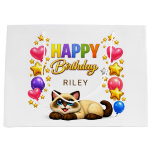 Grand Sac Cadeau Ballons et Étoiles de Chat Siamois Joyeux Annivers