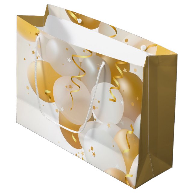 Grand Sac Cadeau Ballons or et blanc (Devant Angle)