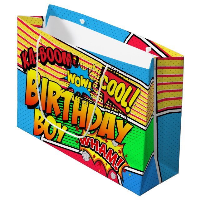 Grand Sac Cadeau Bande dessinée Superhero fête d'anniversaire Perso (Devant Angle)