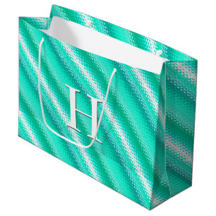 Grand Sac Cadeau Bandes de verre dépoli - turquoise et blanc