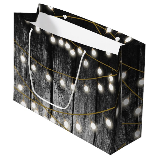 Grand Sac Cadeau Barre Rustique Noir Bois Or Lumières (Devant Angle)
