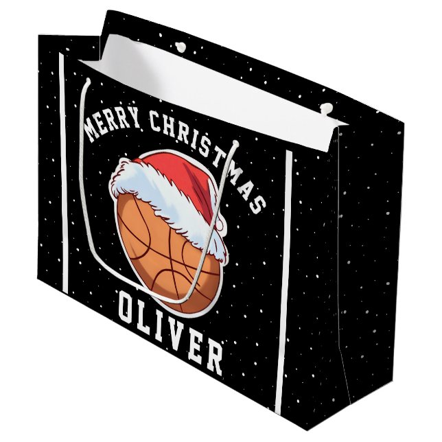 Grand Sac Cadeau Basket Ball Santa Chapeau Nom Joyeux Noël (Devant Angle)